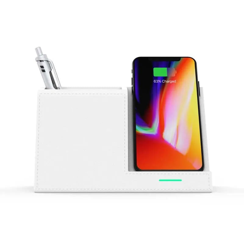 Black leather desk organiser with wireless charging top and pen holder compartment