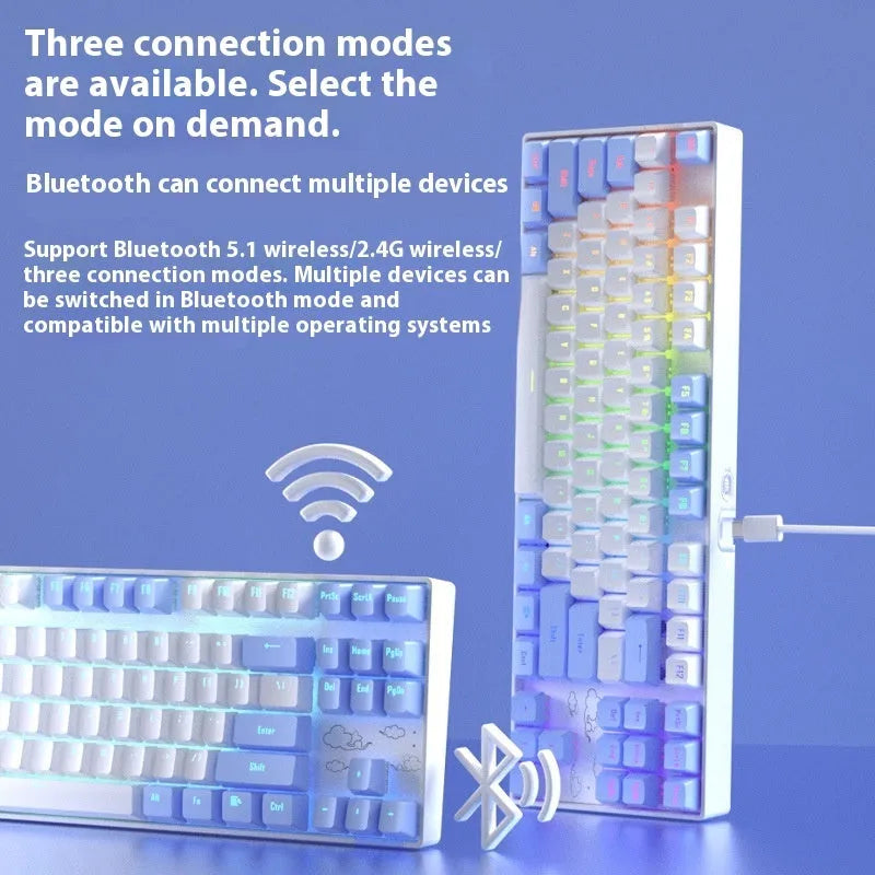 Wireless Bluetooth mechanical keyboard with metal construction in blue white or purple white colours