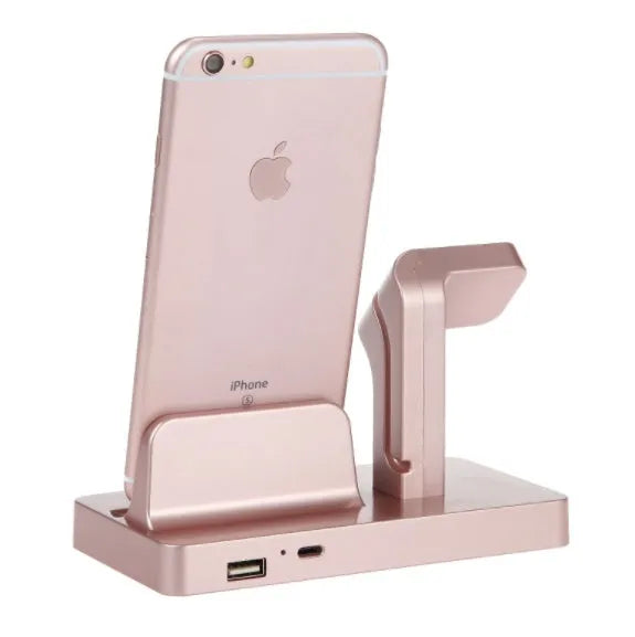 White 2-in-1 desktop charging dock station holding an iPhone and an Apple Watch for simultaneous charging.