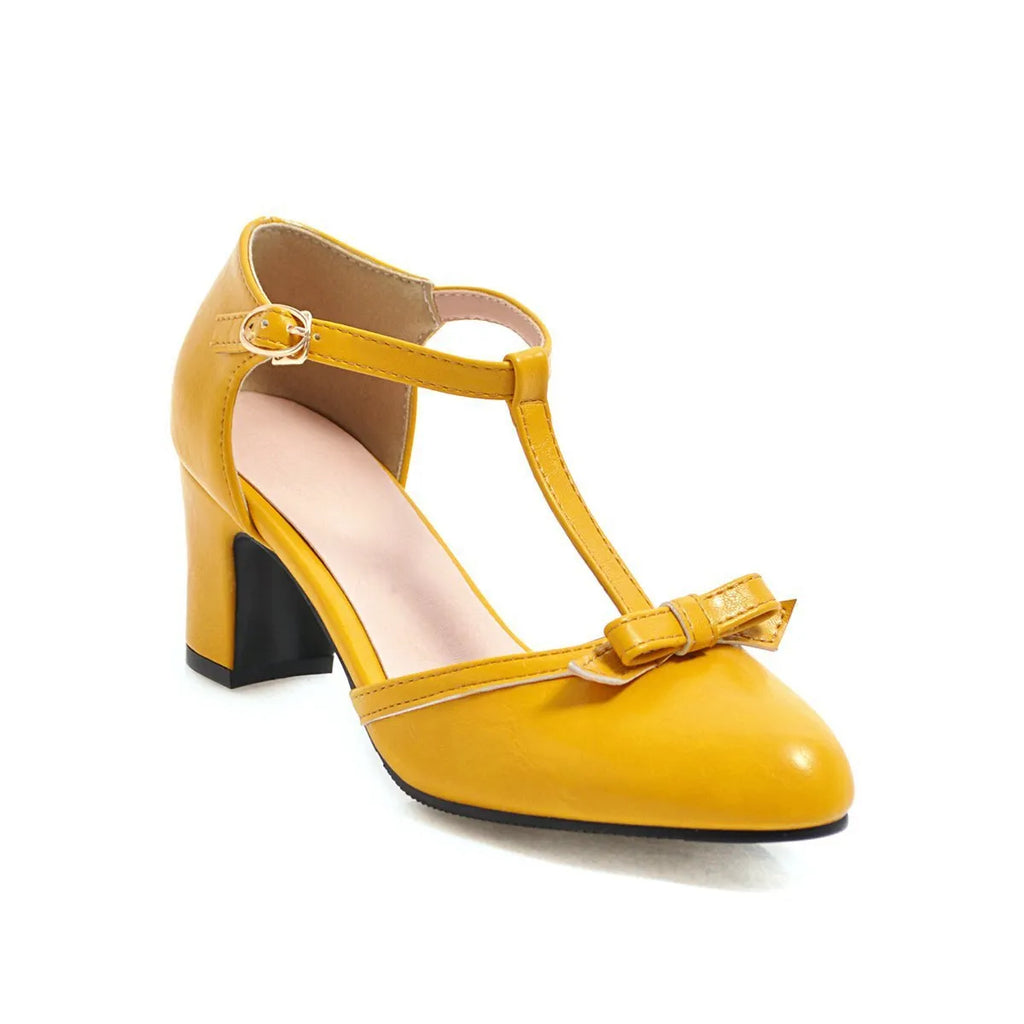 Women's chunky heel strap sandals with hollow-out round toe, bow tie detail and 6.5cm heel