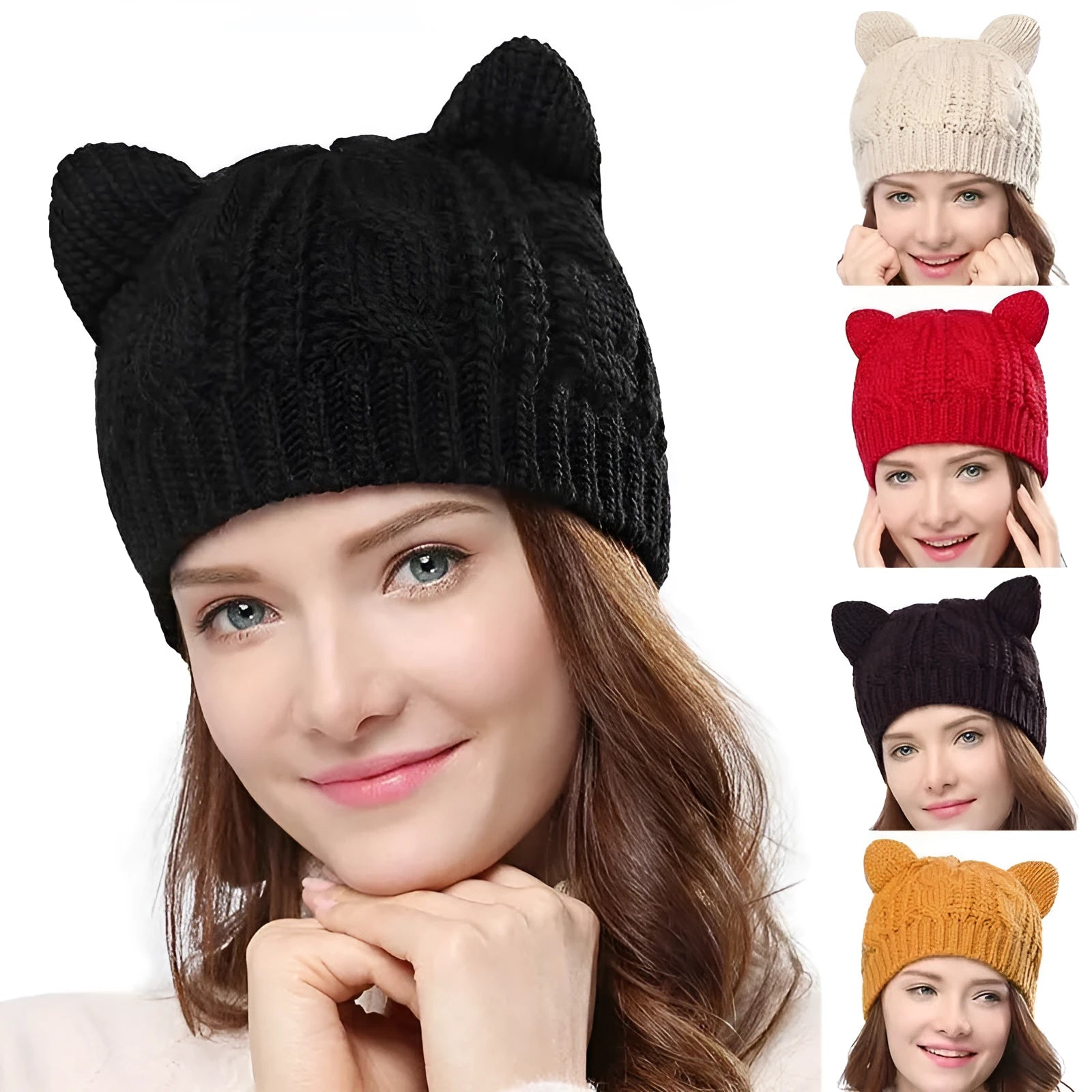 Hand-made 3D cat ear knitted beanie in multiple colours showing wool texture and ear design