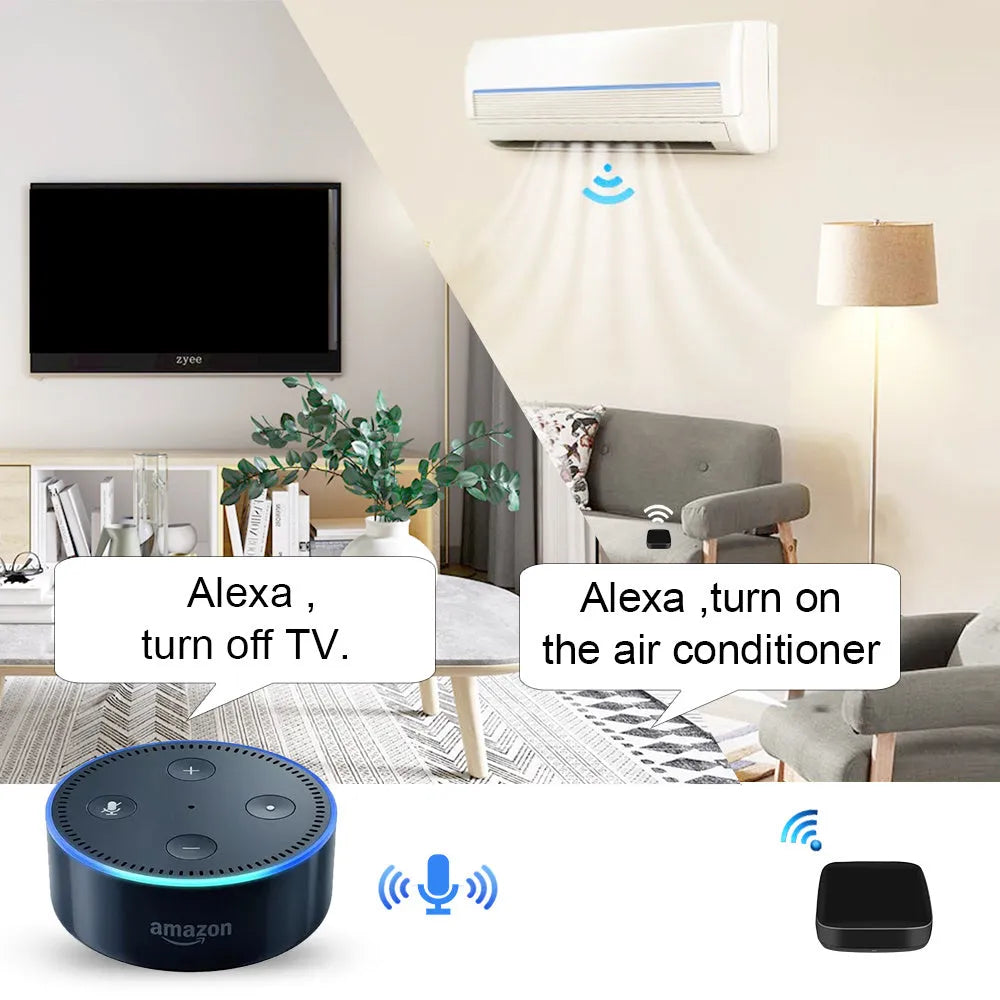Black universal infrared remote control with voice control and WiFi connection.