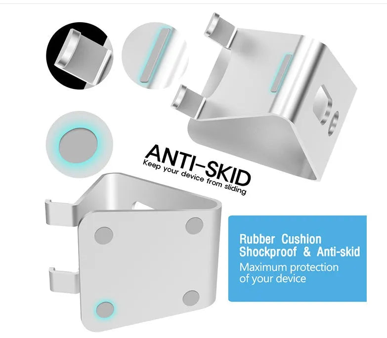 Aluminium alloy universal phone and tablet stand in silver colour on a desk