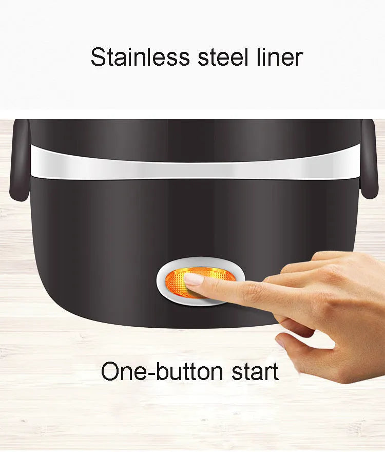 Black portable electric lunch box with USB cable, showing two-layer and three-layer capacity options.