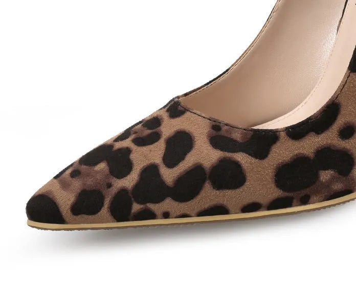 Leopard print women's pumps with 10cm stiletto heel pointed toe slip-on flock upper