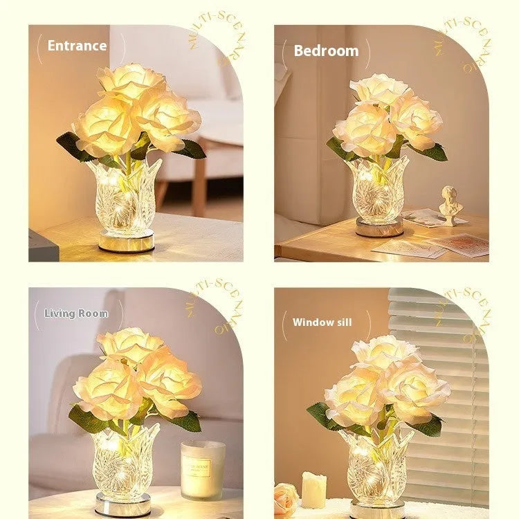 Modern crystal flowers rechargeable touch control table lamp on a bedside table