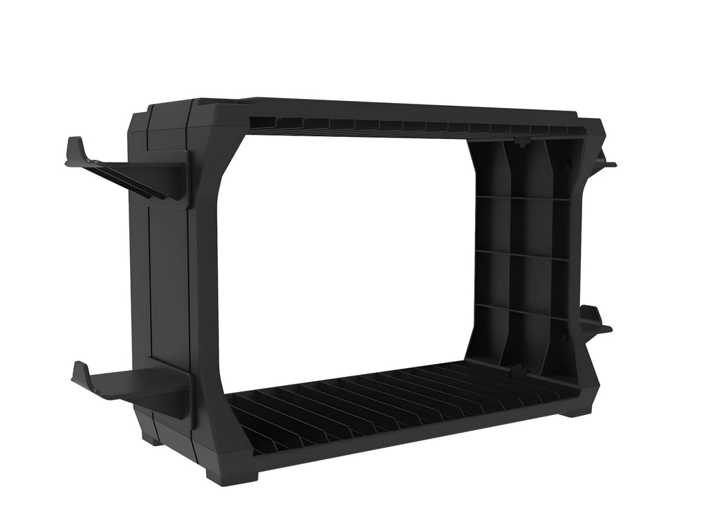 Black ABS plastic disc holder for PS5 and Xbox Series X games with storage for four controllers