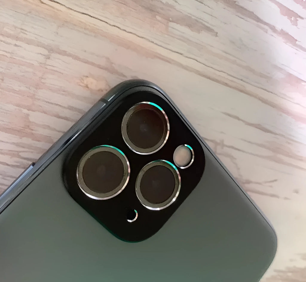 Metal lens protection ring for iPhone 11 and iPhone 11 Pro rear camera, shown in various colour options.