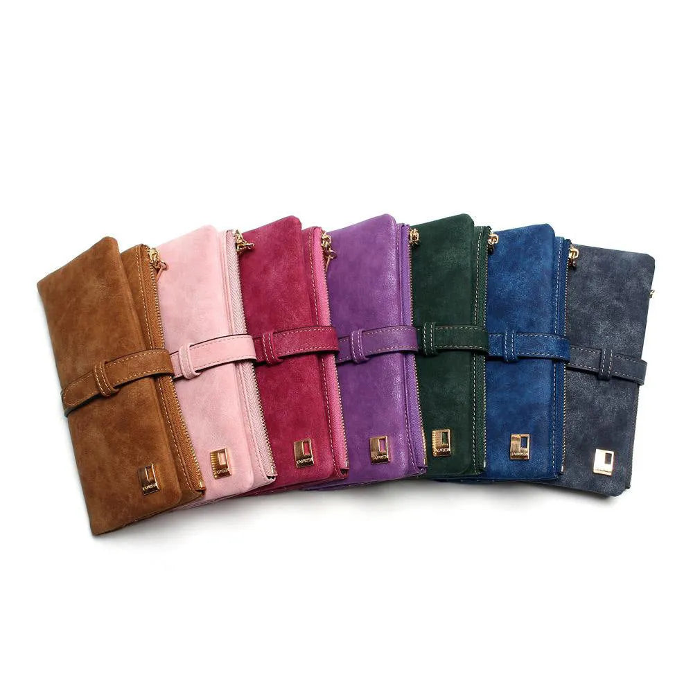 Long vertical women's wallet in matte PU leather with a central zip, shown open to reveal card slots and a phone pocket.