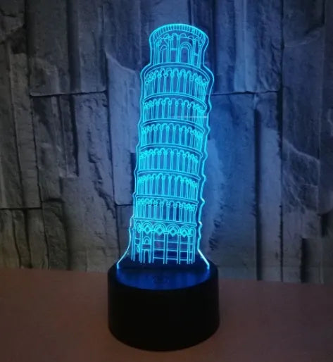 Leaning Tower of Pisa 3D acrylic LED nightlight on black base with multi-coloured illumination.