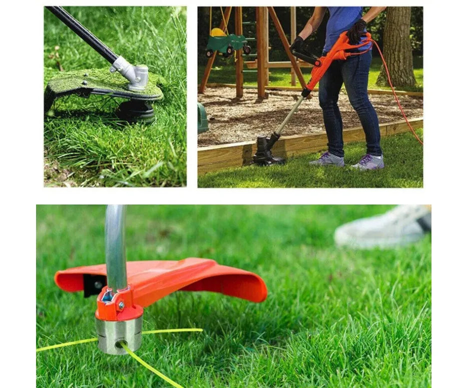 Silver aluminium lawn mower grass trimmer head with four light yellow nylon strings, wrench, and gasket.
