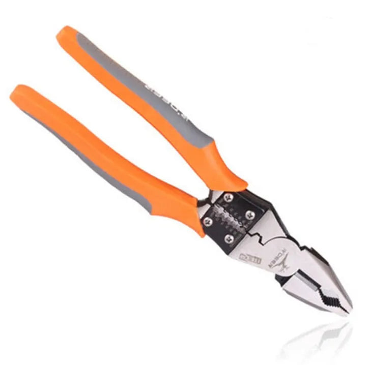 Orange multi-function wire cutter pliers with plastic handles and alloy steel jaws.