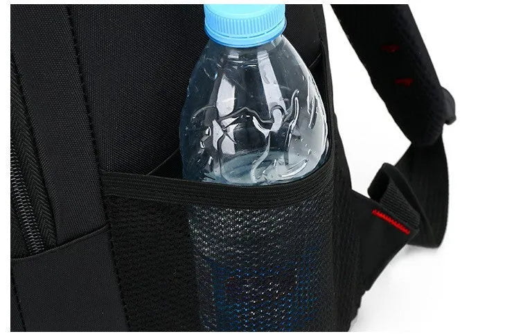 Oxford fabric school backpack with reinforced straps and side pockets available in blue green red grey and orange for teenagers