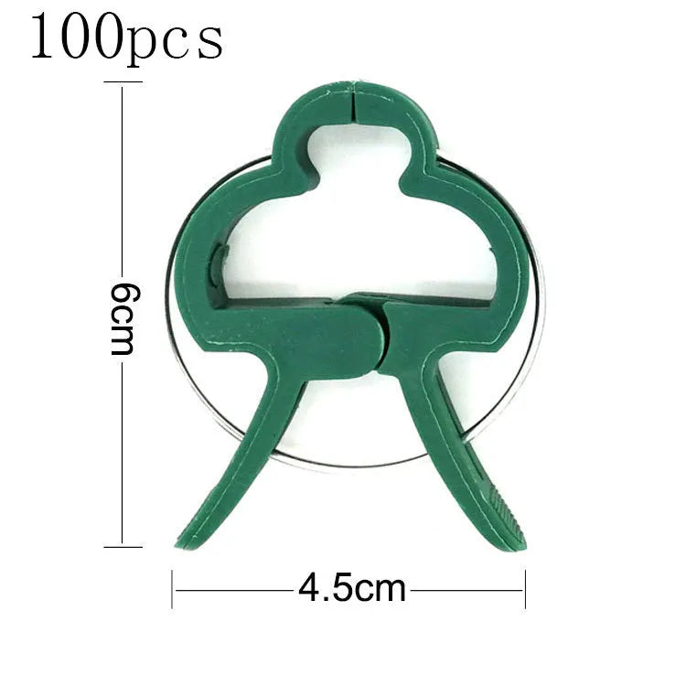 Green plastic and zinc plant fixing clips, showing large and small sizes for supporting climbing vegetables.