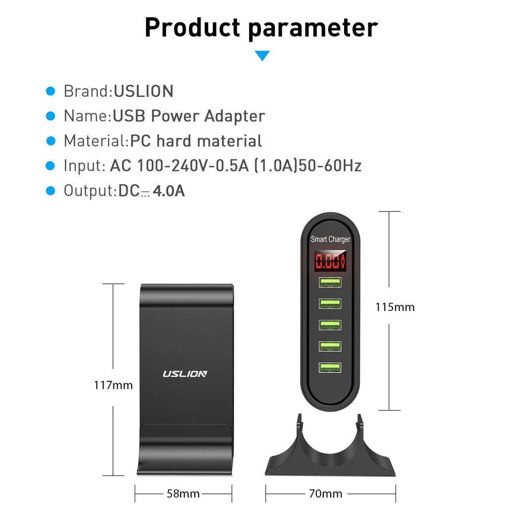 Black and white smart LED digital display USB charger with EU, UK, and US plug options