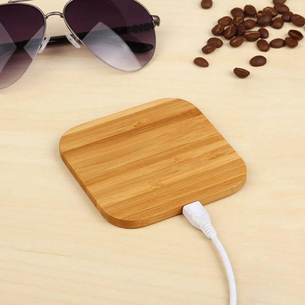 Brown square wooden bamboo wireless charging pad with Qi 5W charging capability