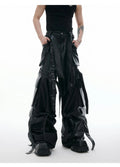 Men's black quilted loose fit trousers with ribbon stitching and multiple pockets