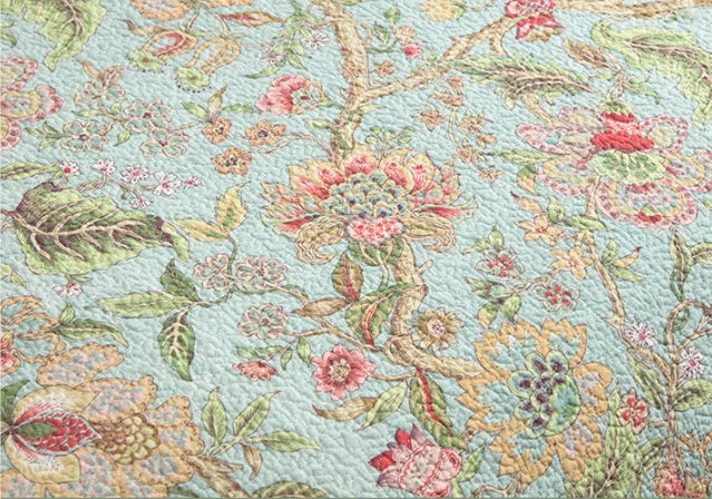 Blue cotton bedspread set with botanical flower and bird pattern, American style design