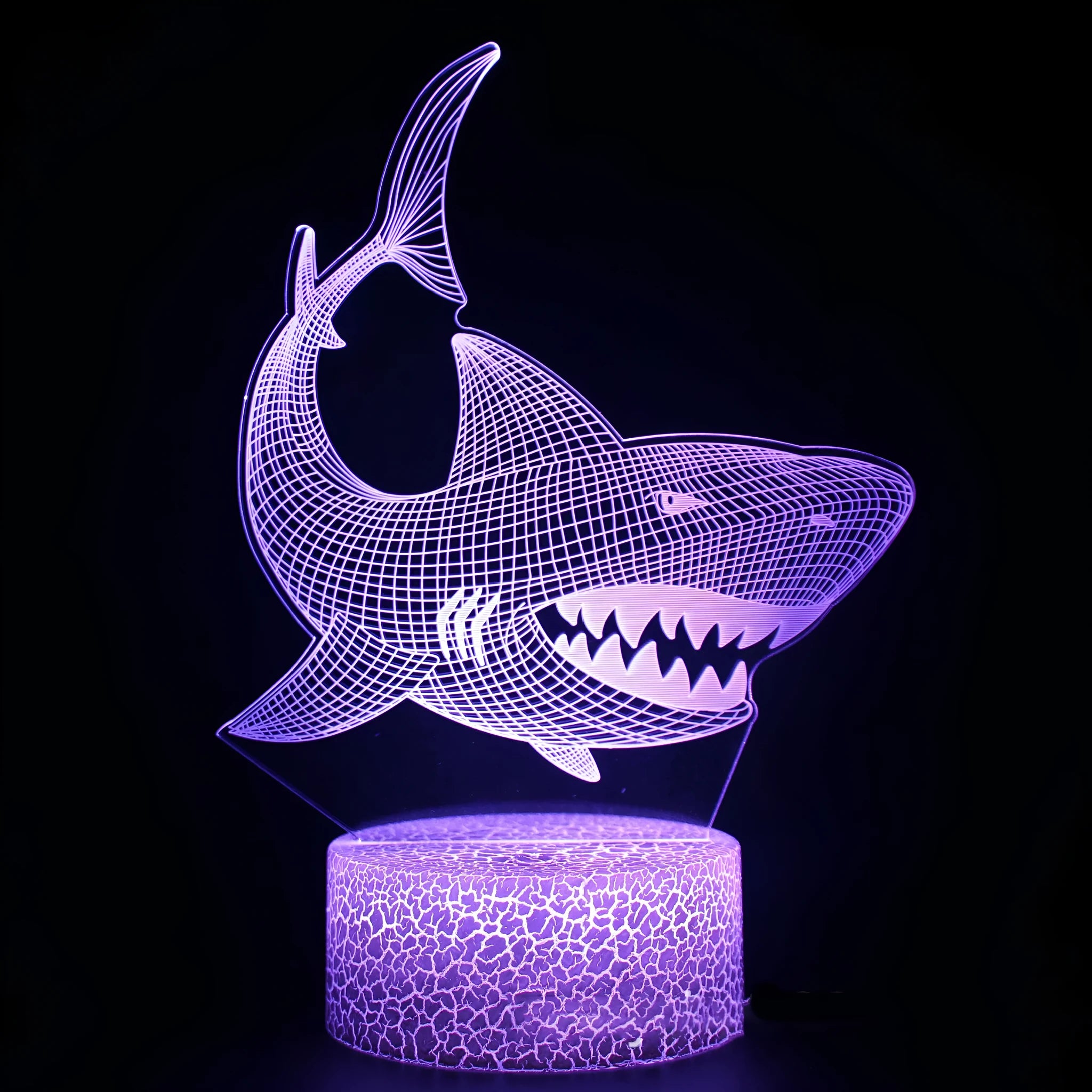 Blue shark design 3D acrylic LED table lamp with touch-sensitive base and remote control.