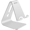 Aluminium alloy universal phone and tablet stand in silver colour on a desk