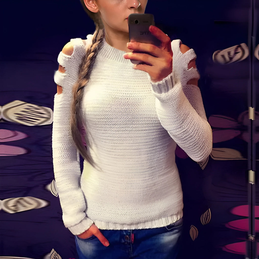 Grey women's knitted shirt with hollow-out crochet pattern, round neck and long sleeves.