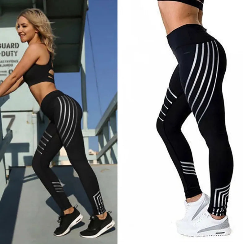 Women's black and white glowing print fitness leggings in milk silk fabric showing slim fit design