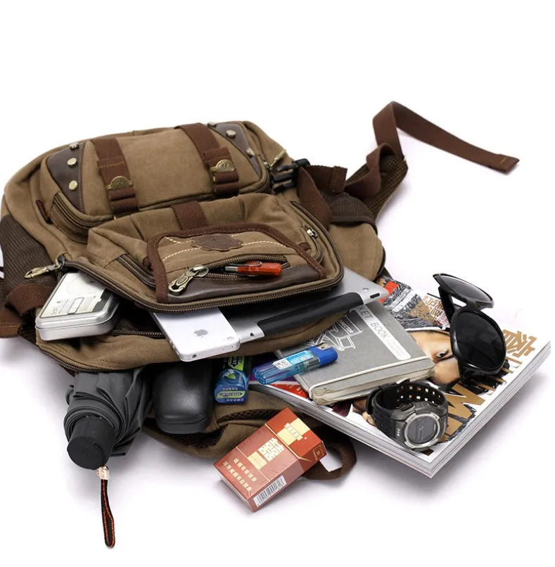 Large canvas computer backpack in military green with car stitching and top handle