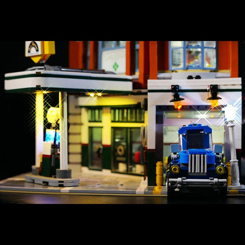 Plastic MOC model LED lighting accessories kit for building a lit corner repair shop scene.