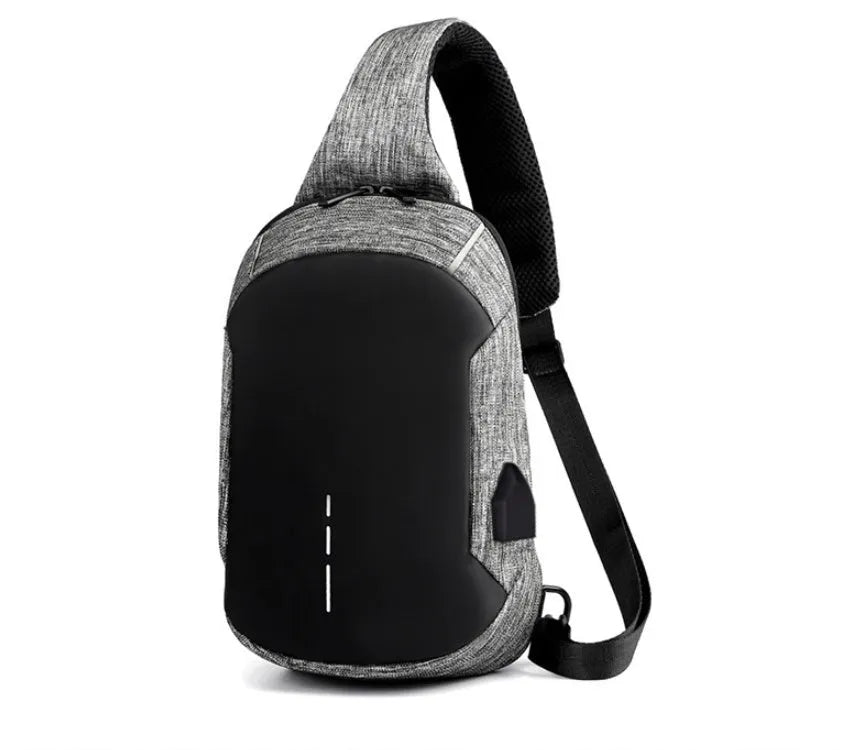 Small dark blue Oxford cloth waterproof chest bag with a zipper and adjustable strap, shown with a phone in the dedicated compartment.