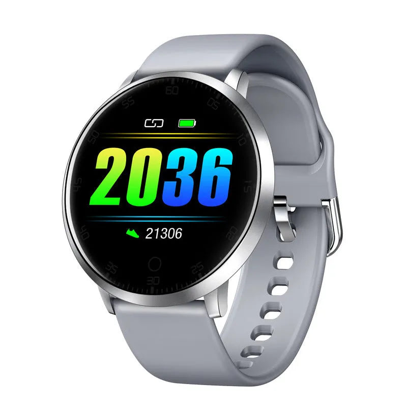 Black smart health bracelet with 1.3-inch screen on silicone wrist strap showing fitness metrics display
