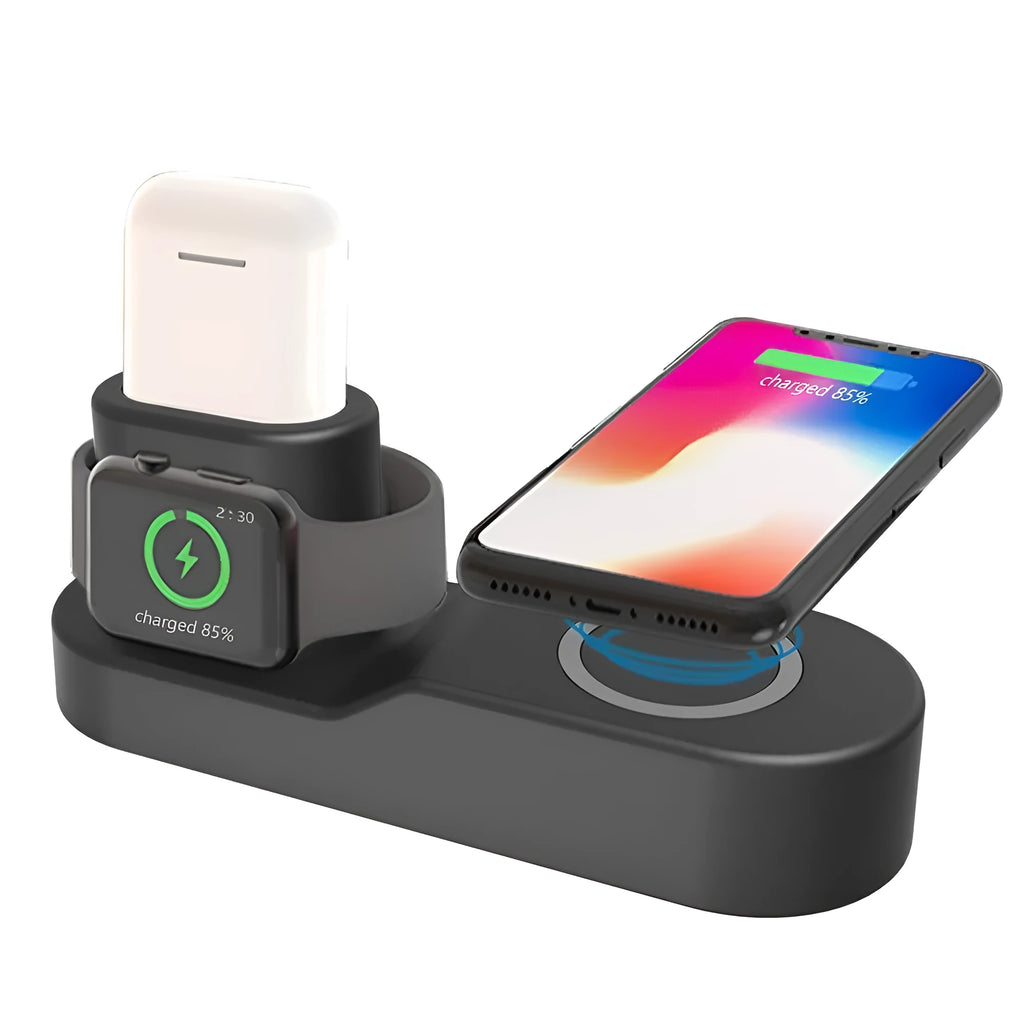 Black W3 three-in-one wireless charging station for Apple phone, watch and headphones