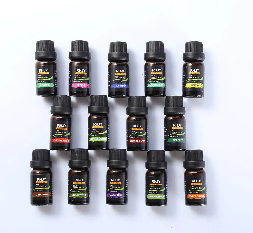 Set of fourteen 10ml bottles of 100% pure aromatherapy essential oils in various fragrances