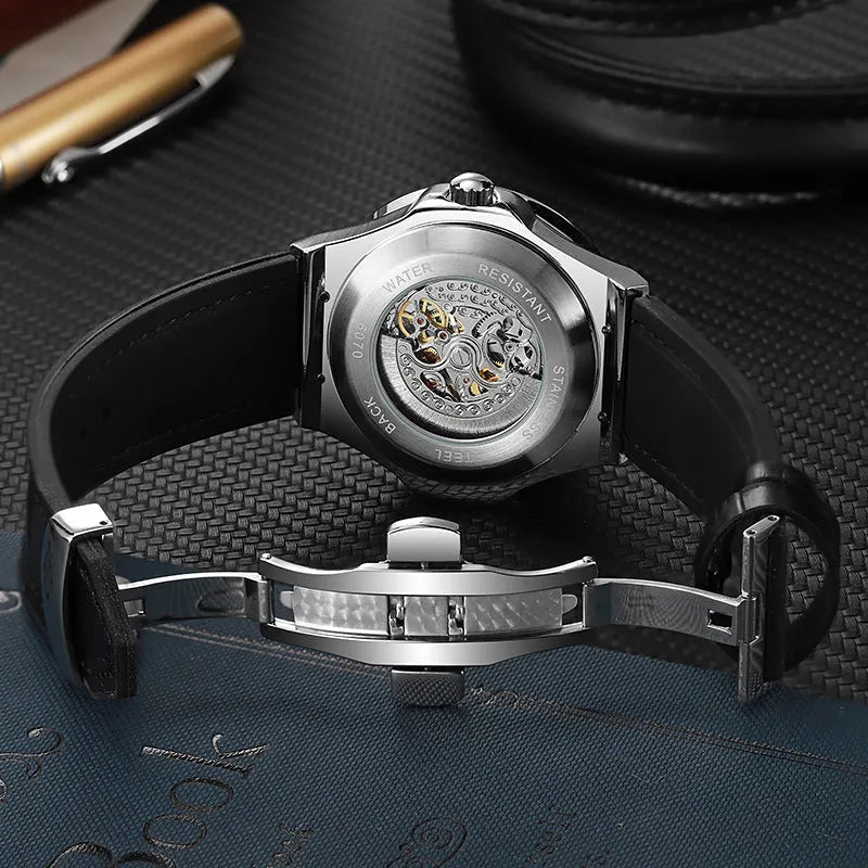 Men's automatic mechanical watch with diamond-studded hollow design and 16mm white case