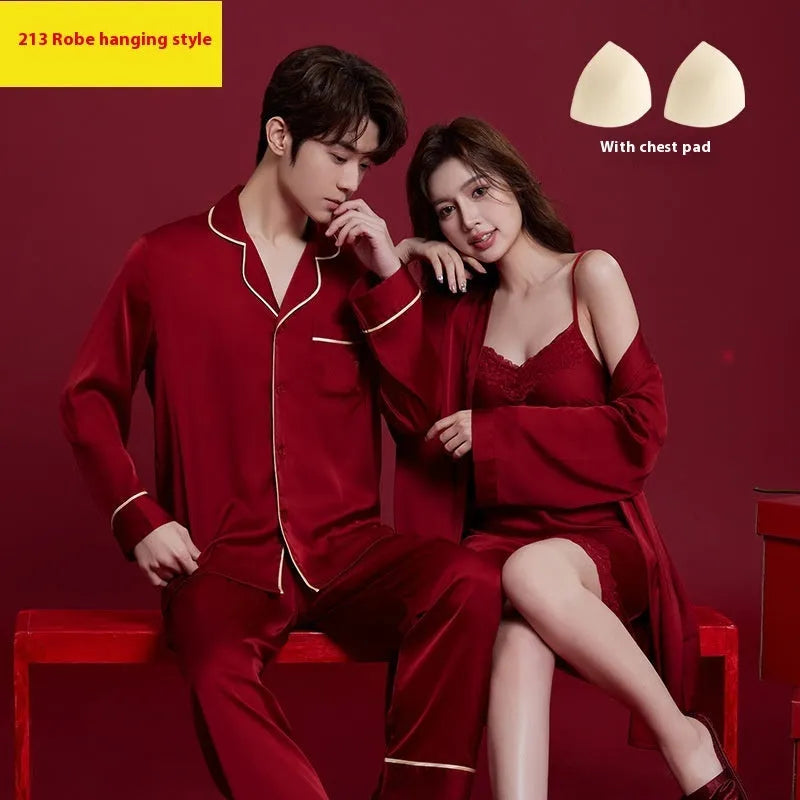 Red ice silk matching wedding sleepwear set for men and women with long sleeves and trousers