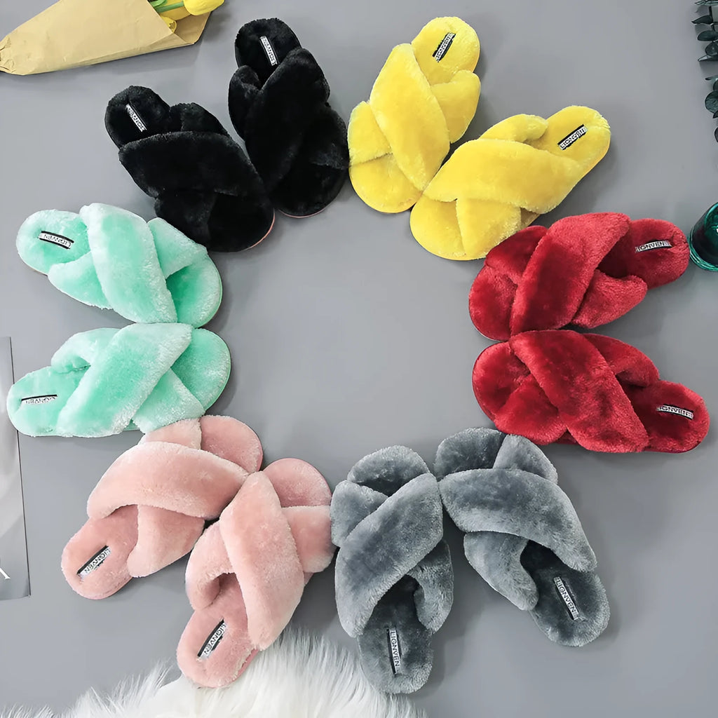 Cross open-toe fur slippers in black with a patterned non-slip sole.