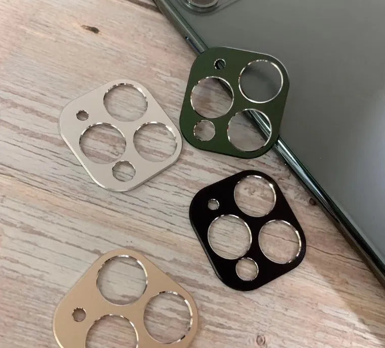 Metal lens protection ring for iPhone 11 and iPhone 11 Pro rear camera, shown in various colour options.