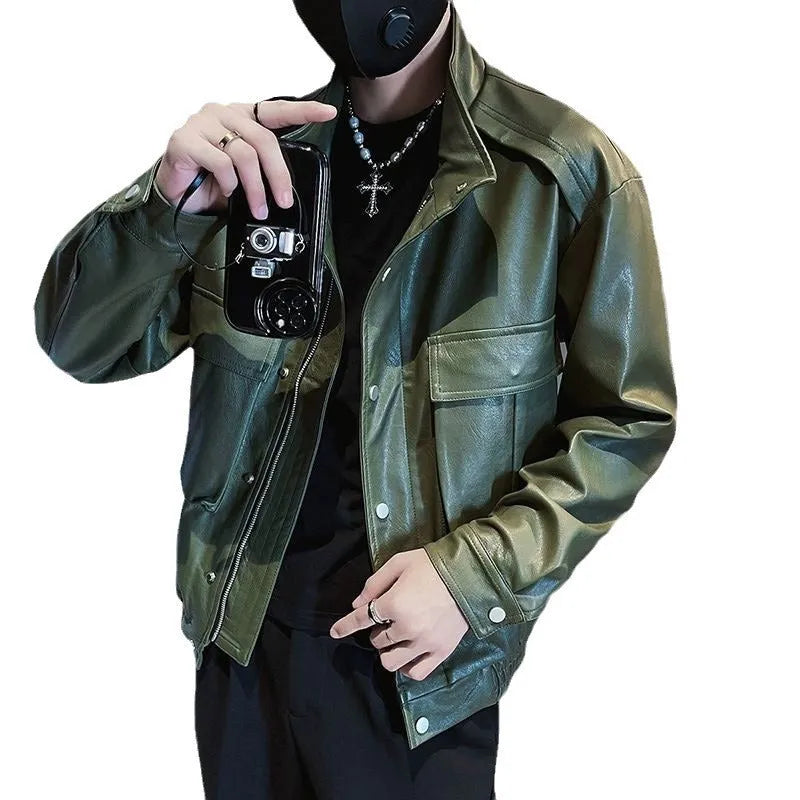 Men's black PU leather pilot jacket with Korean styling and side seam pockets