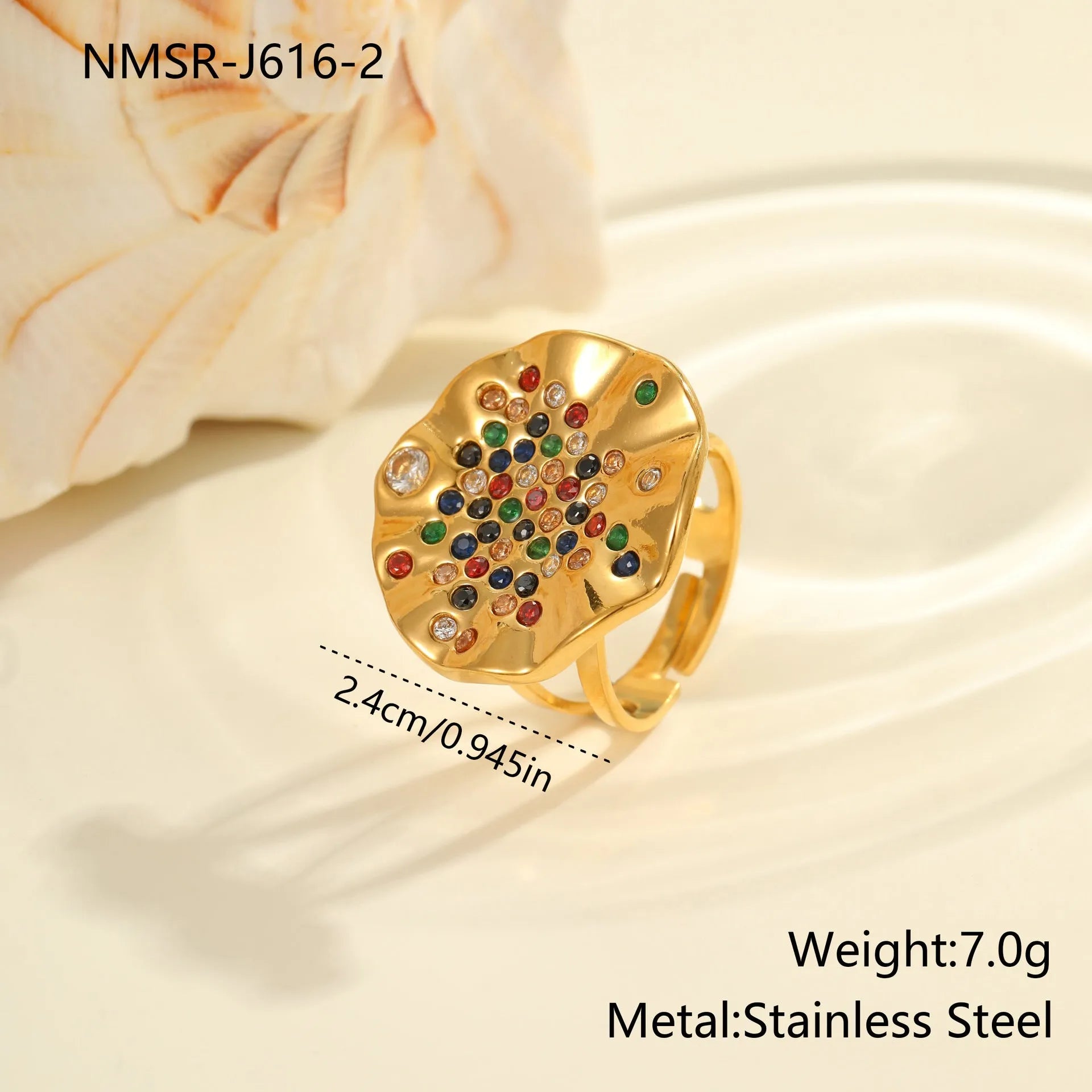 Open mouth geometry ring with colourful crystal inlays and electroplated titanium steel finish