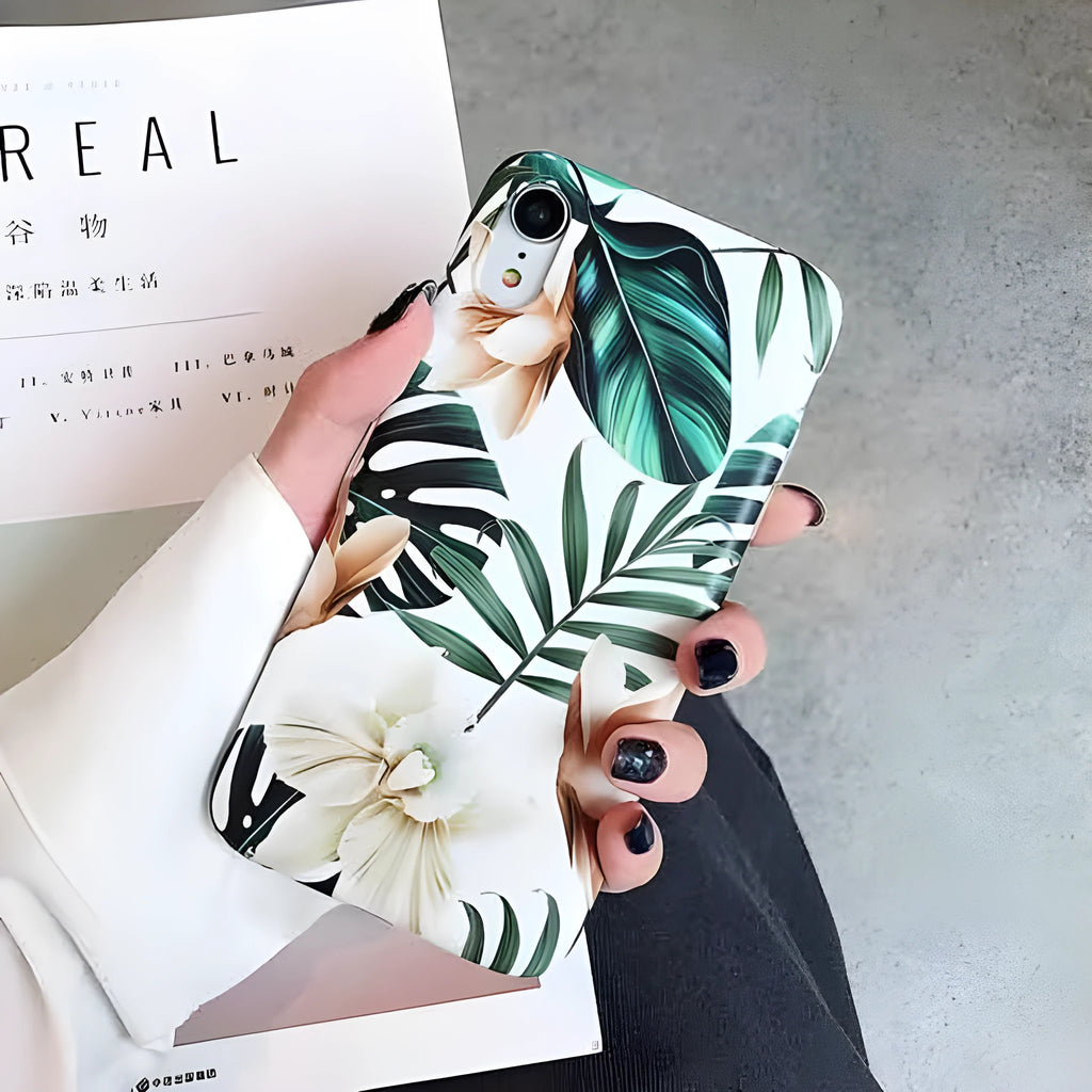Compatible iPhone phone case with banana leaf floral design in TPU material for multiple iPhone models