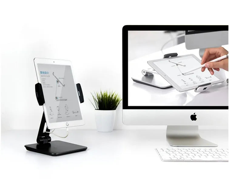 Folding aluminium phone and tablet stand with 360-degree rotation in silver colour