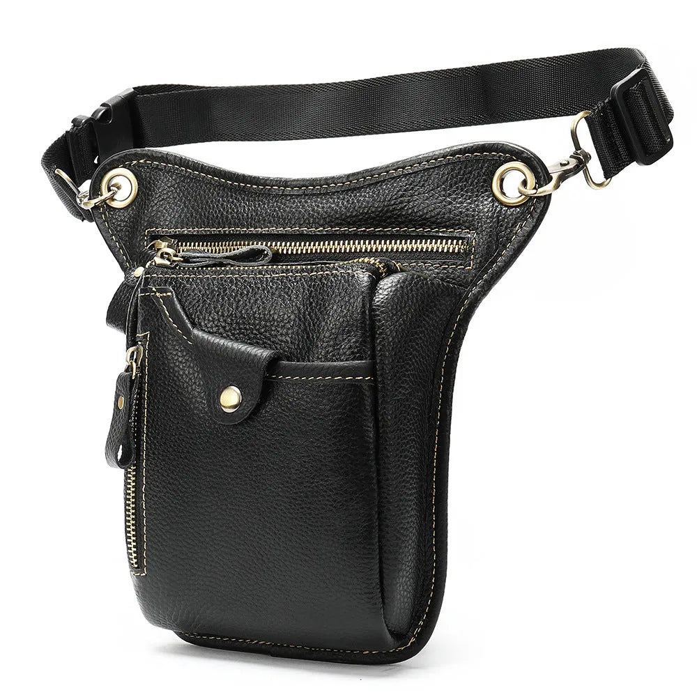 Men's brown genuine crazy horse leather vintage satchel bag with adjustable strap and flap closure.
