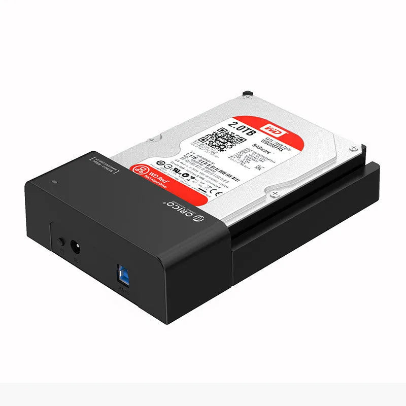 Black 2.5 inch SATA hard drive enclosure with USB cable for external storage conversion