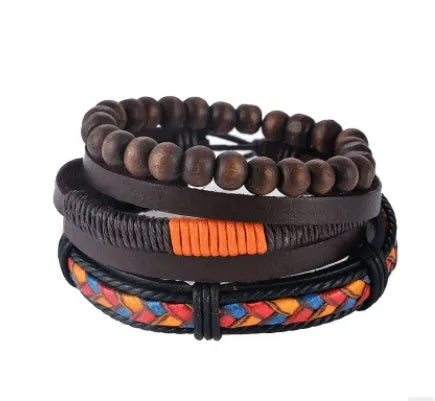 Adjustable punk-style leather bracelet with multilayer wooden beads and hand-woven design