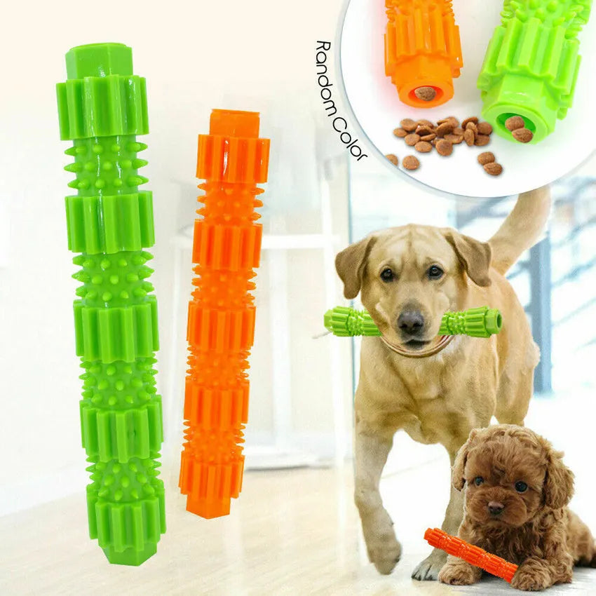 Green durable rubber dog chew toy with treat dispenser hole and textured surface.
