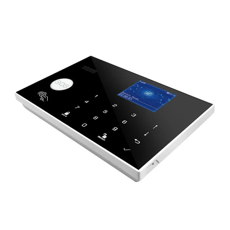 Intelligent WiFi GSM touch button burglar alarm host unit for home security system.