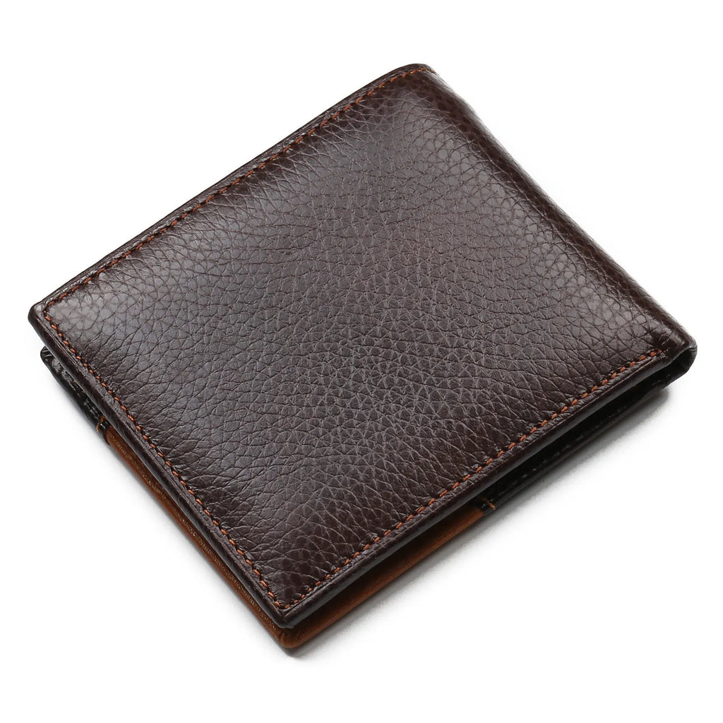 Men's horizontal square leather wallet with car stitching, shown open to reveal card slots, bill holder, and zipper compartment.