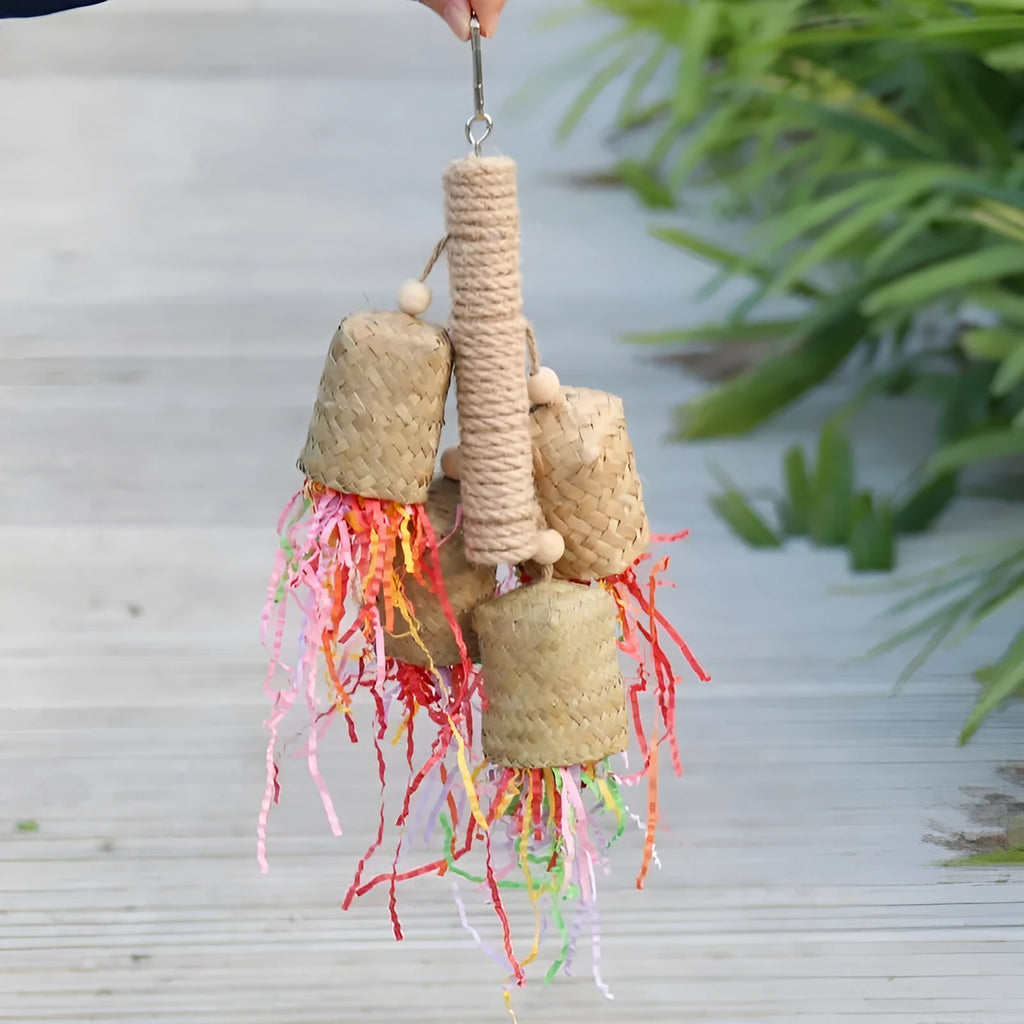 Wood and sisal shredded paper bird toy measuring 15 by 35 cm for parrot foraging enrichment