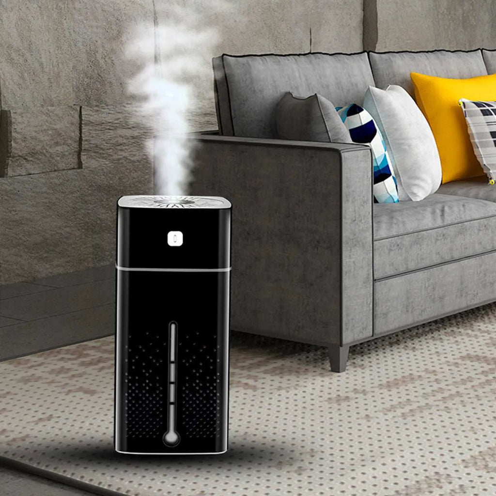 Black or white USB-powered desktop humidifier with 1000ml tank, dimensions 103x103x218mm.