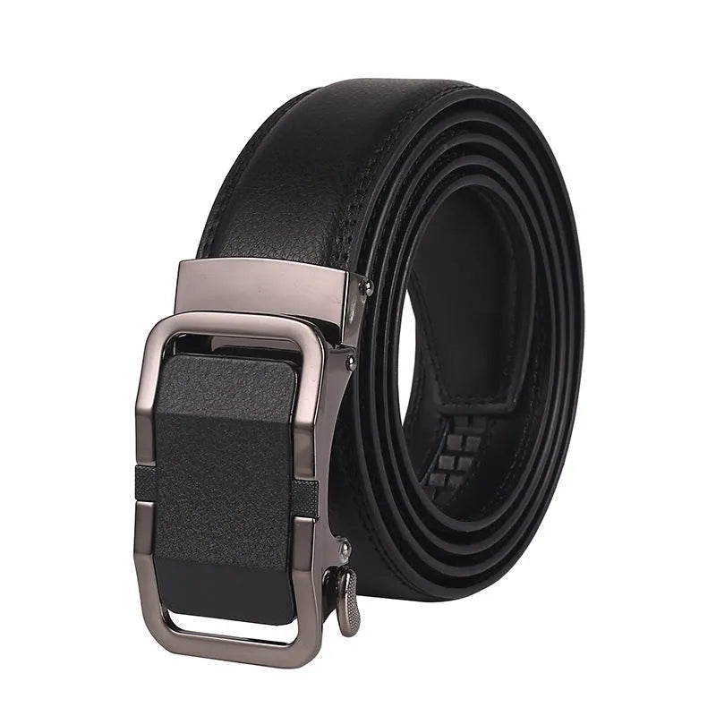 Men's genuine two-layer cowhide leather automatic buckle belt with embossed patent finish and electroplated alloy buckle