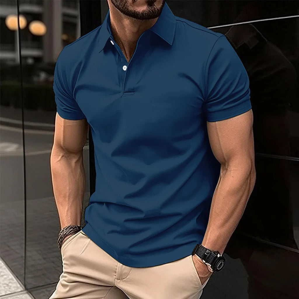 Men's solid colour short sleeve polo shirt with button lapel in cotton blend fabric